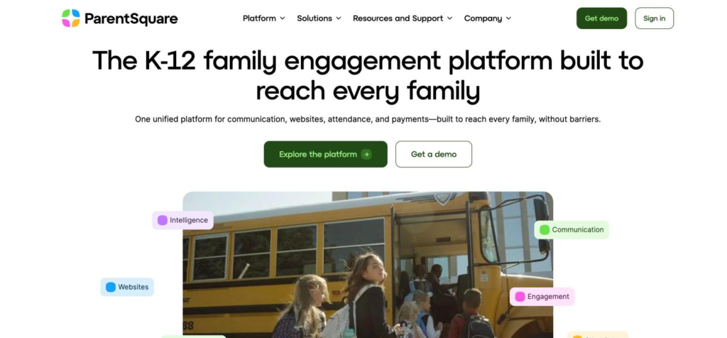 ParentSquare home page describing a K-12 family engagement platform built to reach every family.