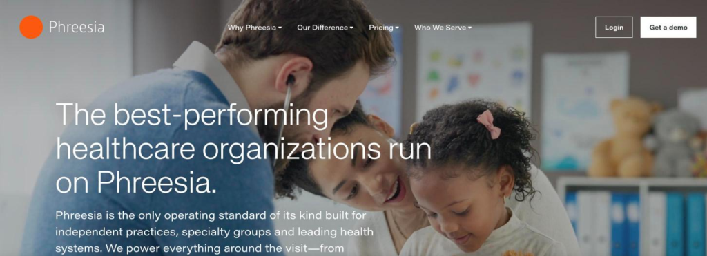 Phreesia home page leading with patient intake and revenue, with voice appearing further down the page.