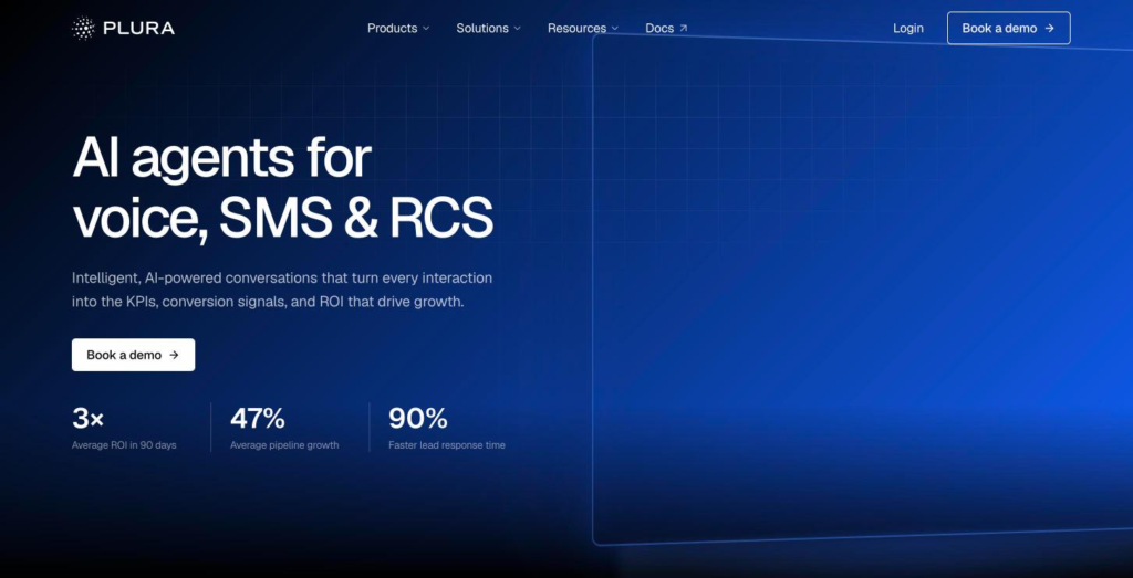 Plura AI home page with a headline on AI agents for voice, SMS and RCS, and the communications platform positioning below.