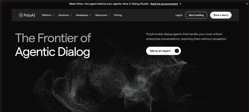 PolyAI home page headlined "Own every conversation", with the enterprise dialog agent positioning below it.