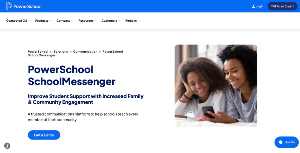 PowerSchool SchoolMessenger product page on improving student support through family and community engagement.