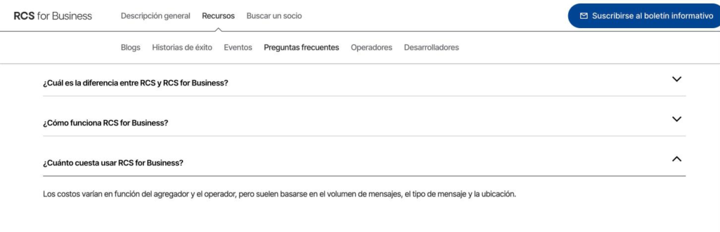 Preguntas frecuentes de RCS for Business de Google con la respuesta sobre el costo, que varía según el agregador y el operador.