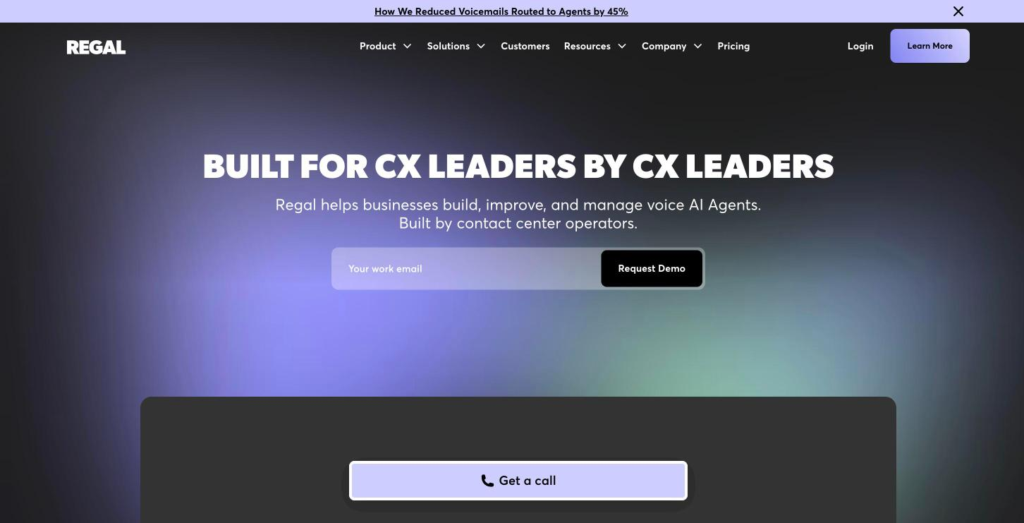 Regal home page addressed to customer experience leaders, with the agent platform layers and the customer logos below.