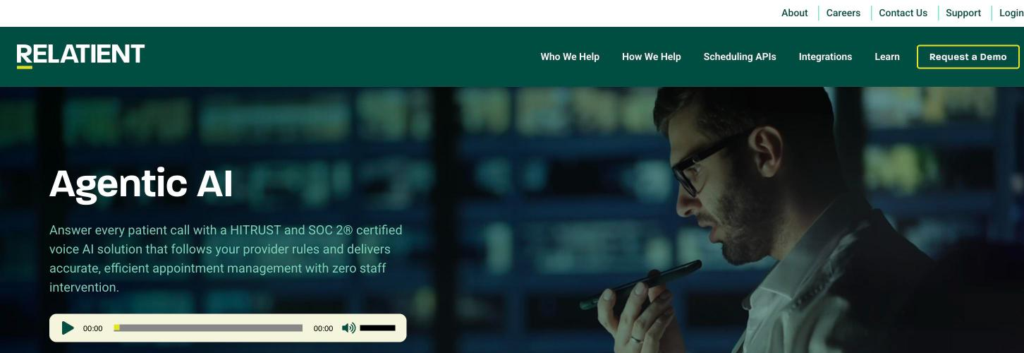 Dash by Relatient voice AI page headlined with the share of calls resolved without a person, above the self-scheduling blocks.