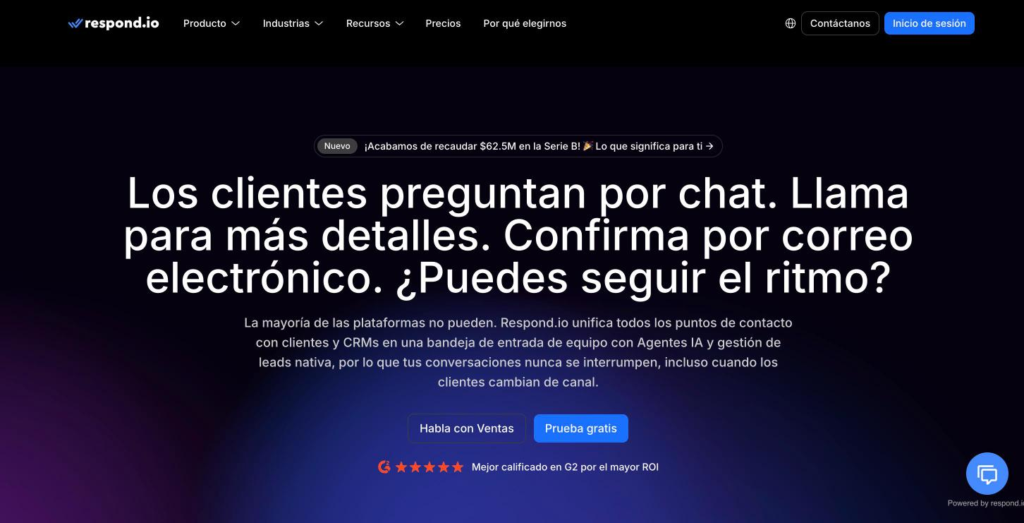 Página de inicio de Respond.io, plataforma de mensajería omnicanal, en el momento de la captura.
