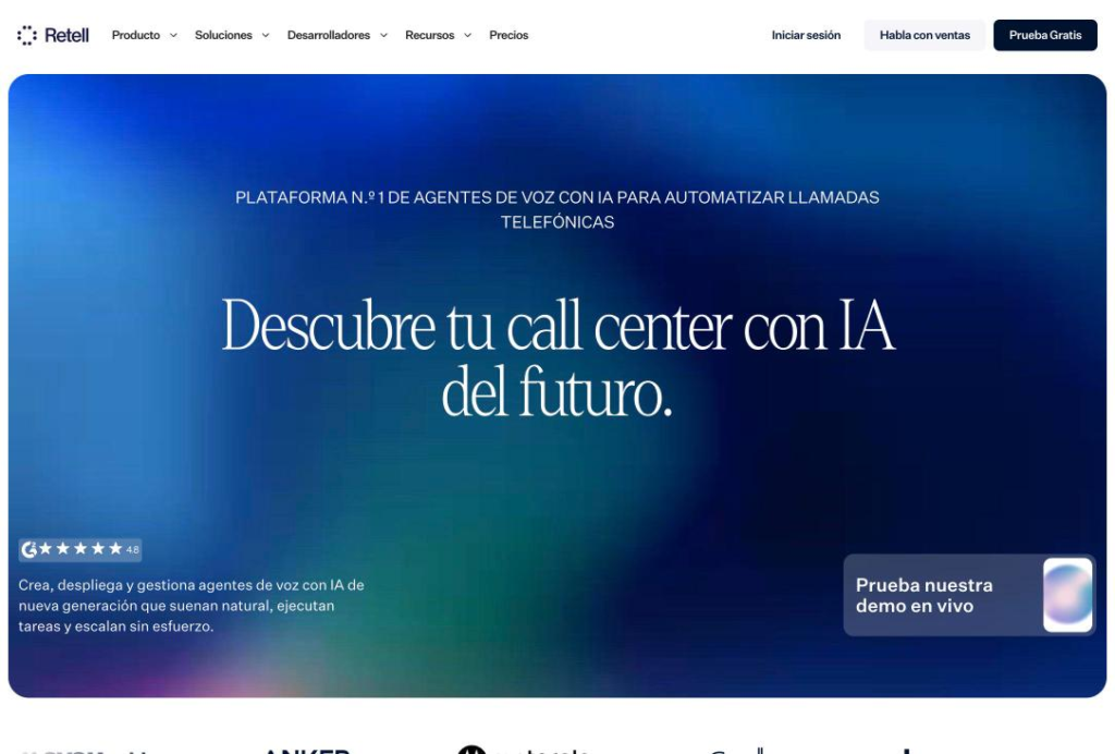 Página de inicio de Retell AI, que presenta el despliegue de agentes de voz con IA en minutos.