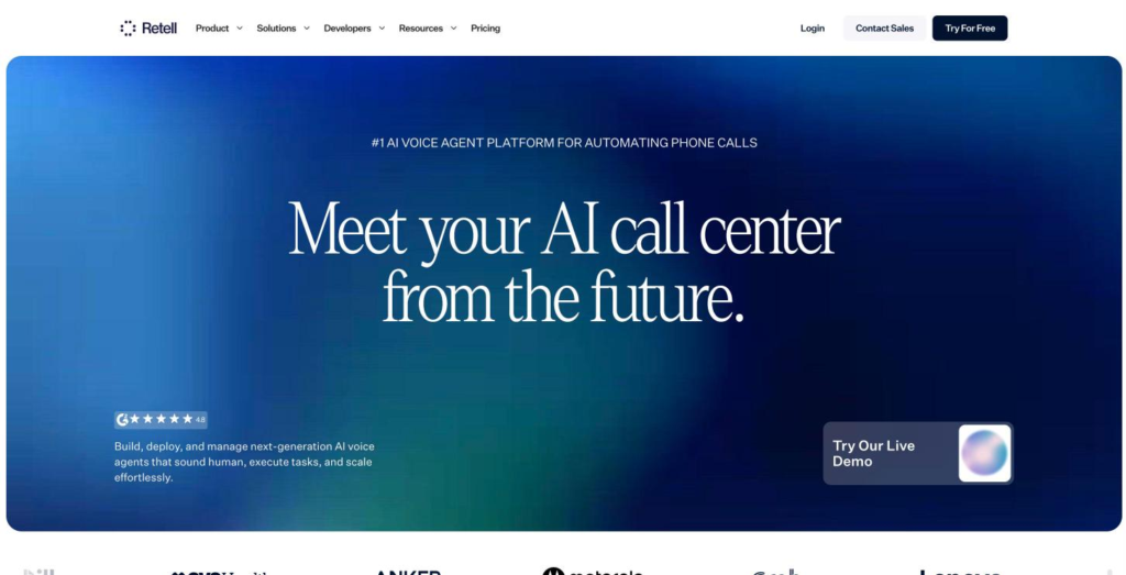 Retell AI home page headlined as the number one AI voice agent platform for automating phone calls, with the drag and drop canvas shown.