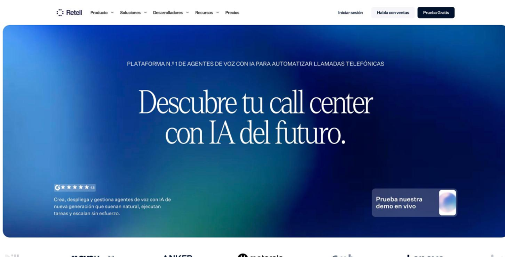 Página de inicio de Retell AI, plataforma para construir agentes de voz con inteligencia artificial.