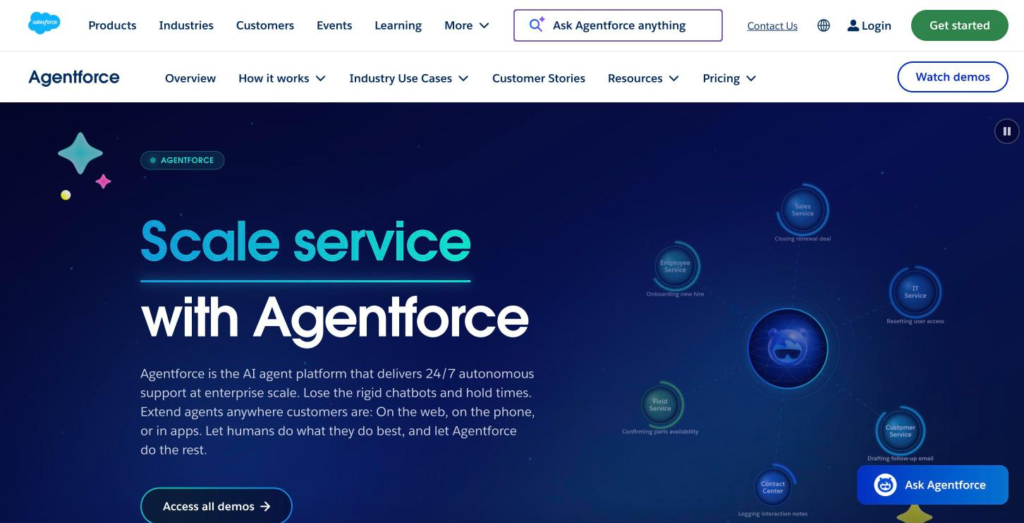 Salesforce Agentforce product page describing an AI agent platform delivering autonomous support at enterprise scale.