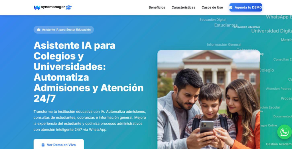 Página de educación de Sync Manager, que presenta un agente de IA para admisiones de colegios y universidades.