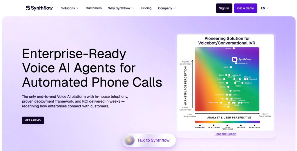 Synthflow AI home page headlined on enterprise-ready voice agents for automated phone calls, with the integration catalog below.