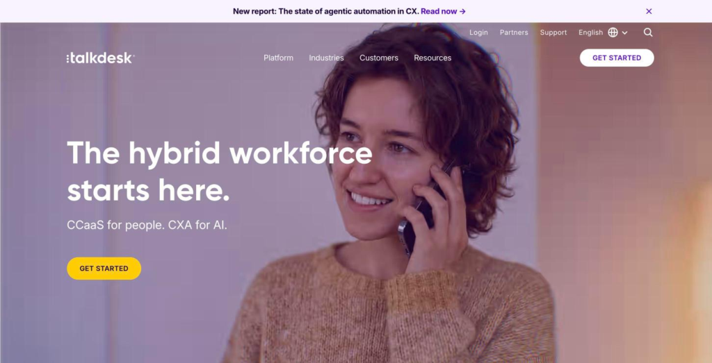 Talkdesk home page headlined "The hybrid workforce starts here.", with the contact center platform blocks below.