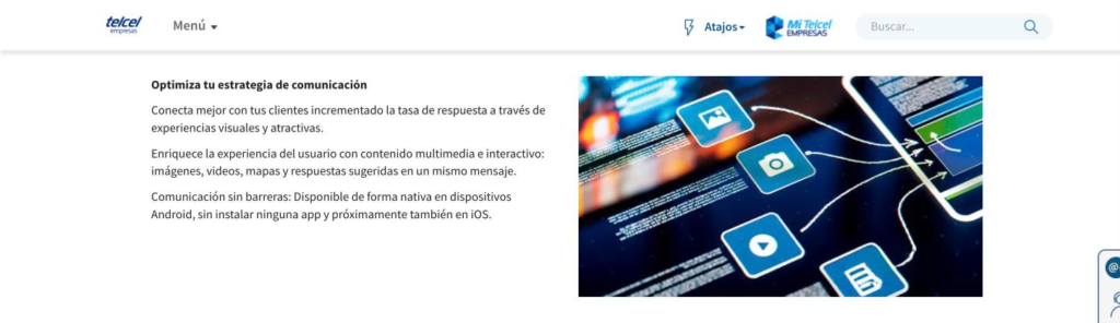 Página de Mensajes RCS de Telcel para empresas, con la línea que describe la disponibilidad nativa en Android y próximamente en iOS.