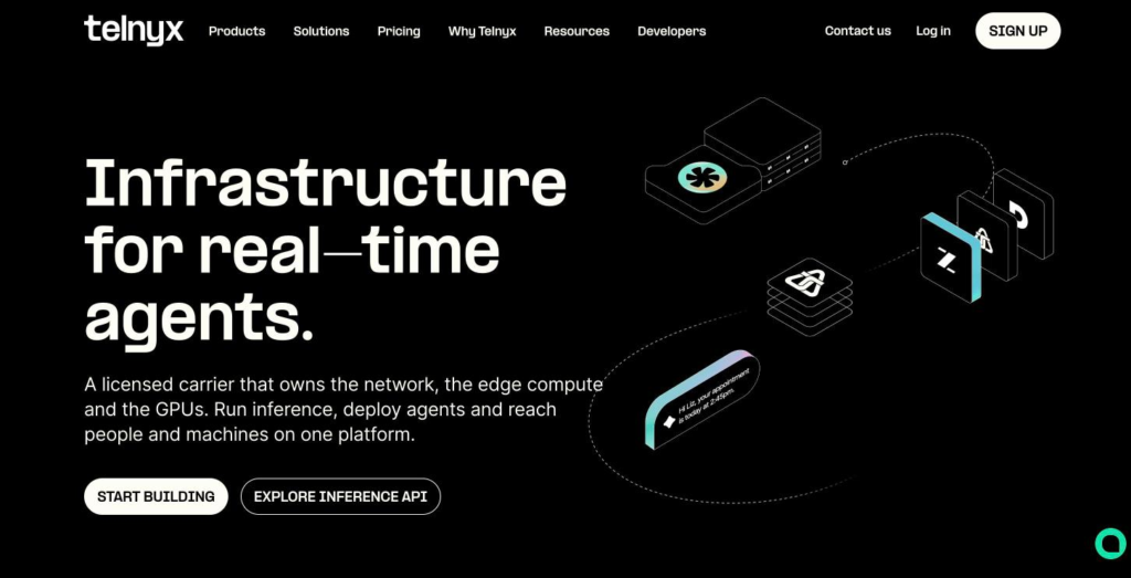 Telnyx home page headlined "Infrastructure for real-time agents.", with the developer entry points below.
