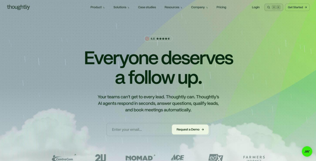 Thoughtly home page headlined "Voice AI for the leads you can't miss.", with the node-based flow shown.