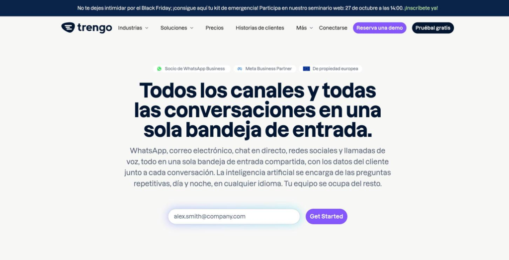 Página de inicio de Trengo, bandeja multicanal para equipos de soporte, en el momento de la captura.
