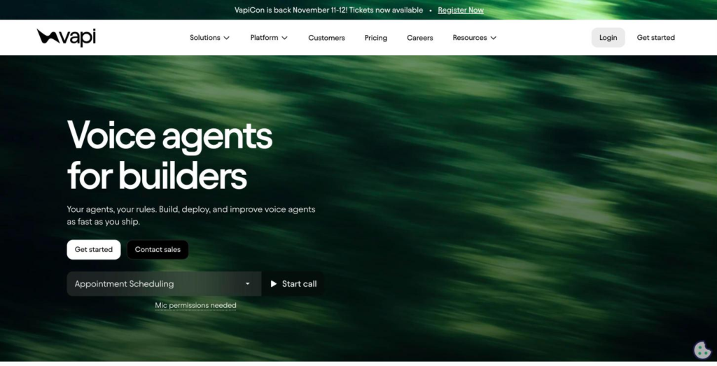 Vapi home page headlined "Voice agents for builders", with the developer entry points listed.