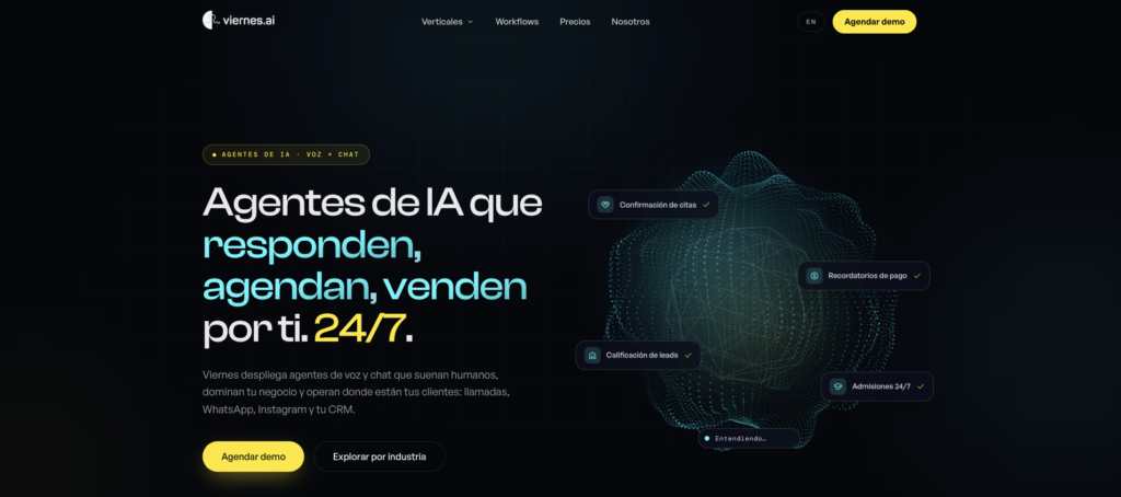 Página de inicio de Viernes AI, con el titular «Agentes de IA que responden, agendan, venden por ti. 24/7.» y el botón para agendar una demo.