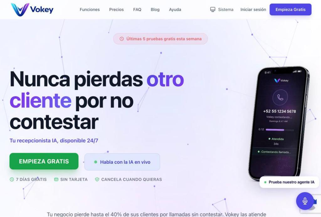 Página de inicio de Vokey, titulada con la promesa de no perder otro cliente por no contestar el teléfono.
