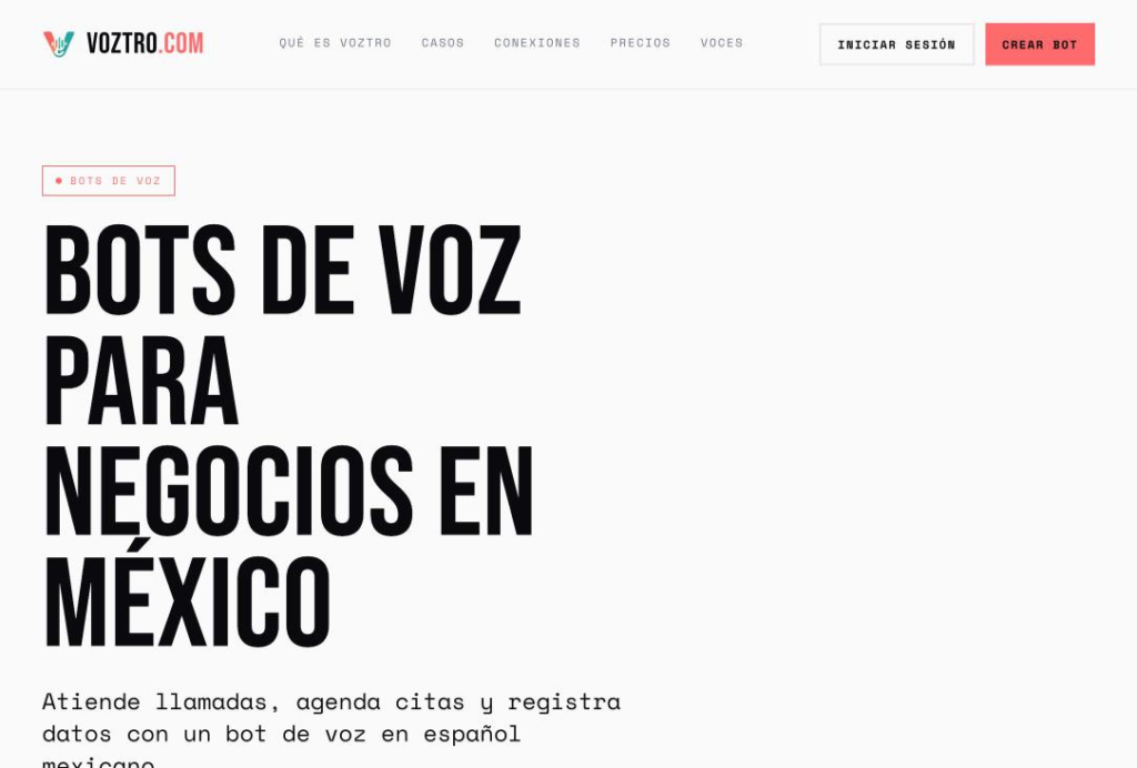Página de inicio de Voztro, que presenta bots de voz para negocios en México.