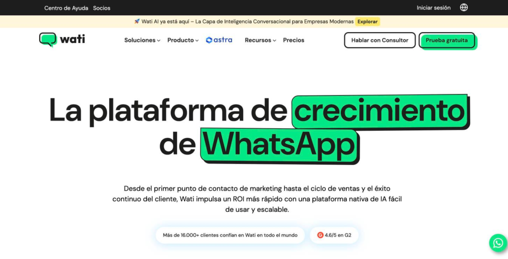 Página de inicio de WATI, plataforma de bandeja y campañas de WhatsApp, en el momento de la captura.