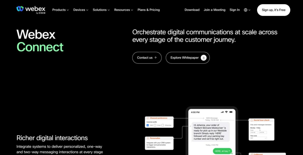 Webex Connect product page on orchestrating digital communications at scale across the customer journey.