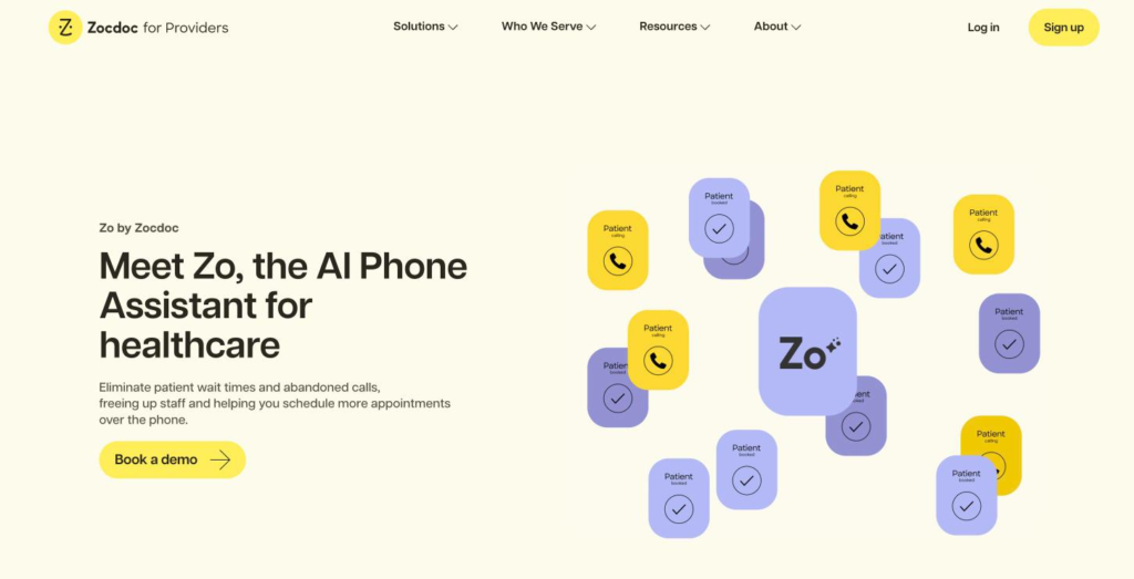 Zo by Zocdoc product page on the AI phone assistant, with the unlimited concurrent answering claim and the integration count.