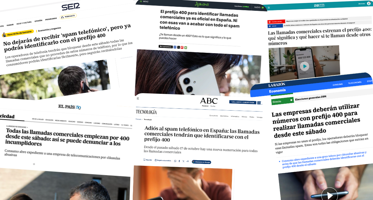 Collage de titulares de prensa española sobre el prefijo 400 para llamadas comerciales: SER, Xataka, 20minutos, El País, ABC y La Razón